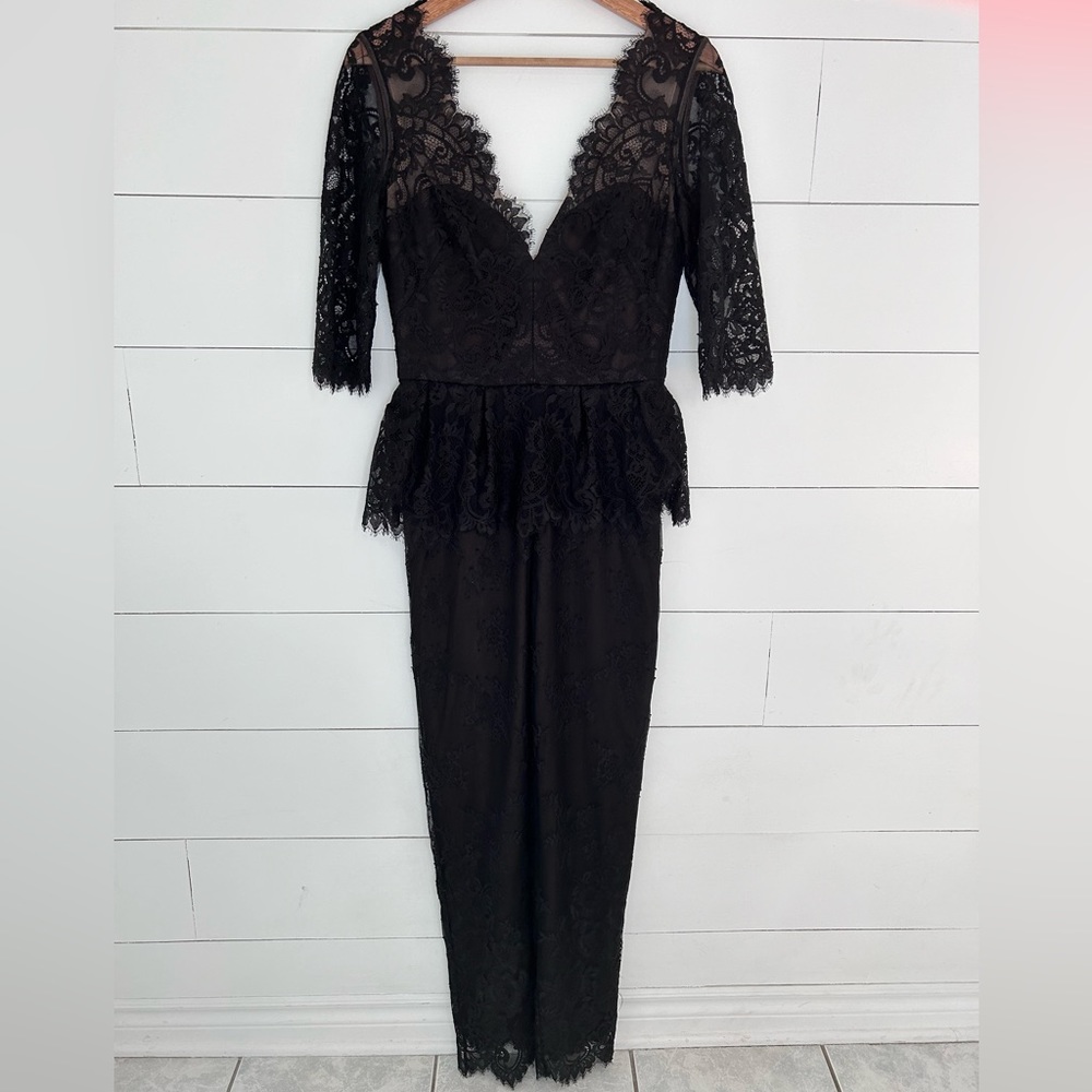 Marchesa Notte 3/4 Sleeve Lace Peplum Jumpsuit